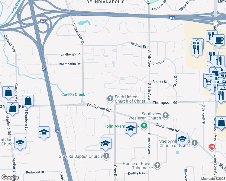 map of restaurants, bars, coffee shops, grocery stores, and more near 4157 Willow Bend Drive in Beech Grove