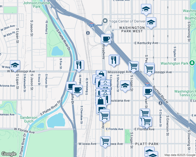 map of restaurants, bars, coffee shops, grocery stores, and more near 1145 South Broadway in Denver