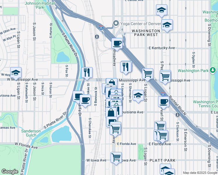 map of restaurants, bars, coffee shops, grocery stores, and more near 1164 South Acoma Street in Denver