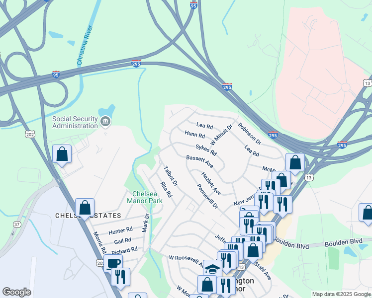 map of restaurants, bars, coffee shops, grocery stores, and more near 233 Sykes Road in Wilmington Manor