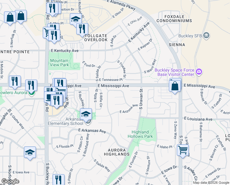 map of restaurants, bars, coffee shops, grocery stores, and more near 1145 South Truckee Way in Aurora