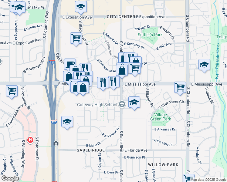 map of restaurants, bars, coffee shops, grocery stores, and more near 14462 East Mississippi Avenue in Aurora