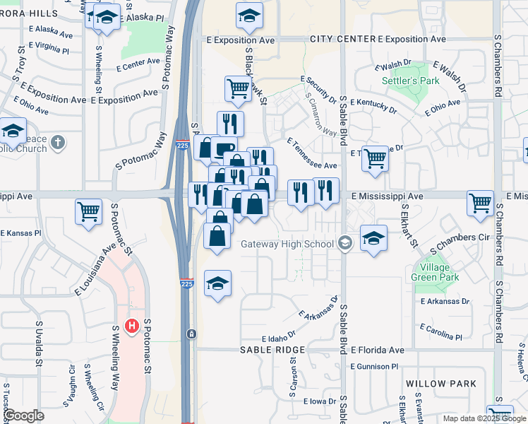 map of restaurants, bars, coffee shops, grocery stores, and more near in Aurora