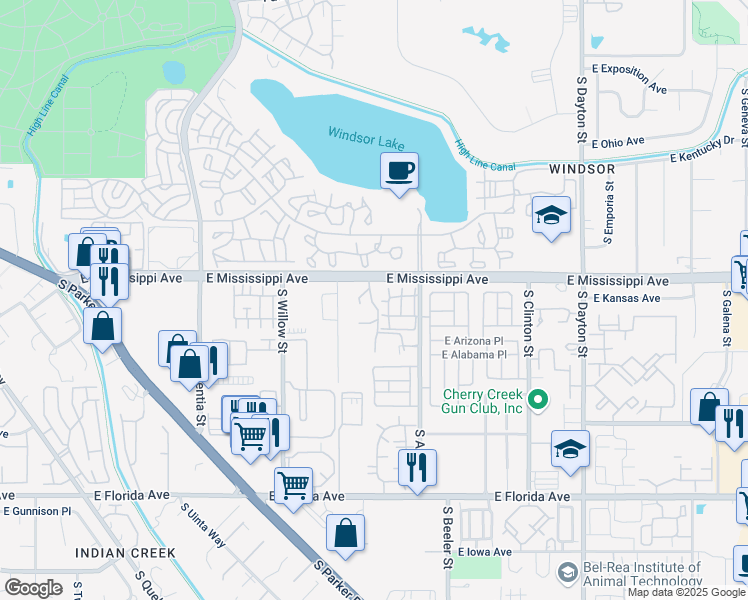 map of restaurants, bars, coffee shops, grocery stores, and more near 1152 South Yosemite Way in Denver