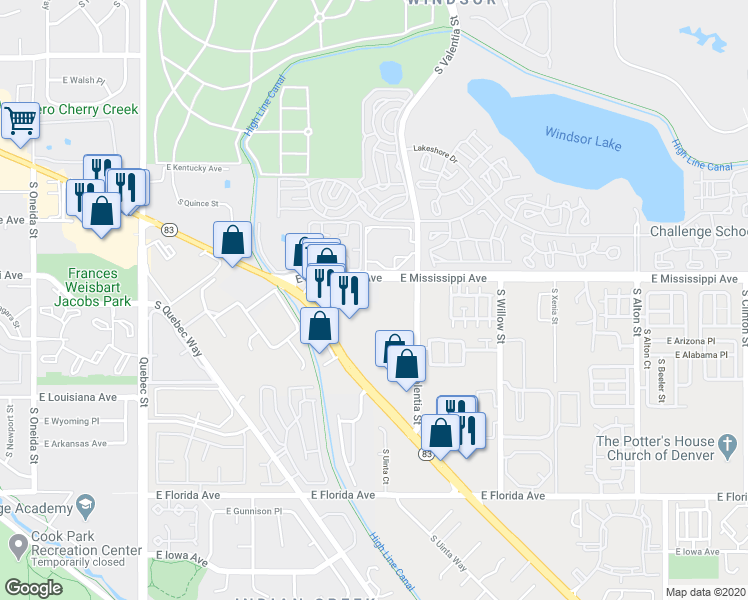 map of restaurants, bars, coffee shops, grocery stores, and more near in Denver