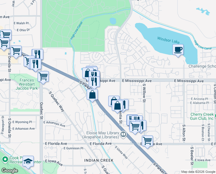 map of restaurants, bars, coffee shops, grocery stores, and more near in Denver