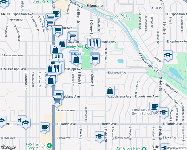map of restaurants, bars, coffee shops, grocery stores, and more near 1150 South Cherry Street in Denver