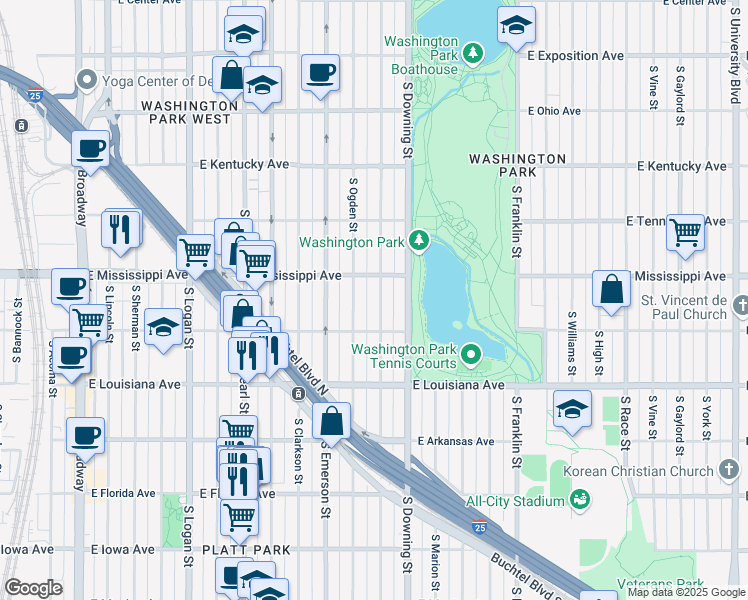 map of restaurants, bars, coffee shops, grocery stores, and more near 1128 South Corona Street in Denver