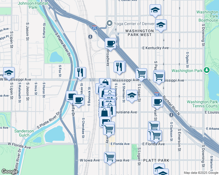 map of restaurants, bars, coffee shops, grocery stores, and more near 1125 South Lincoln Street in Denver