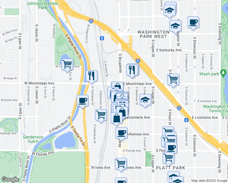 map of restaurants, bars, coffee shops, grocery stores, and more near 1145 South Broadway in Denver