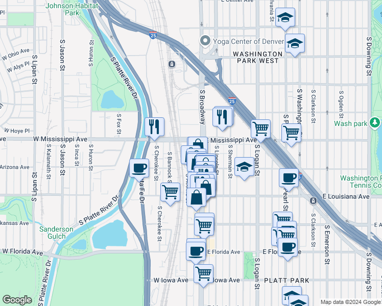 map of restaurants, bars, coffee shops, grocery stores, and more near 1145 South Broadway in Denver