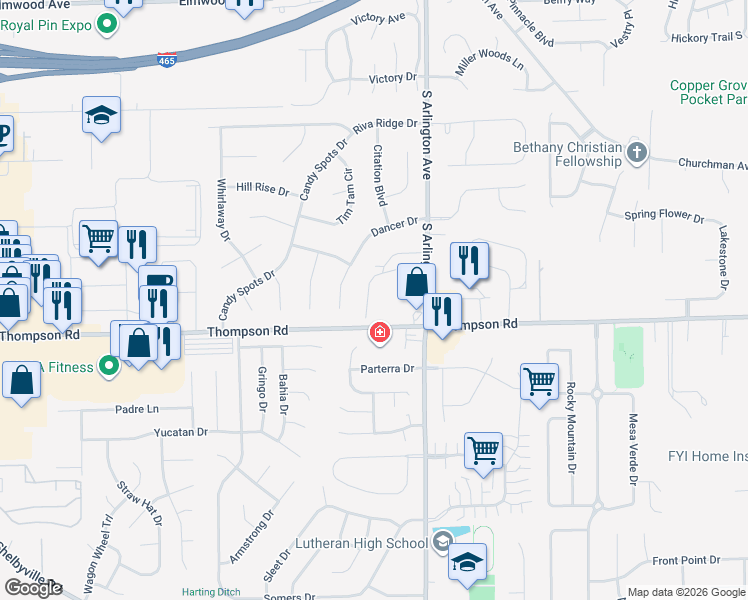 map of restaurants, bars, coffee shops, grocery stores, and more near 5930 Thompson Road in Indianapolis