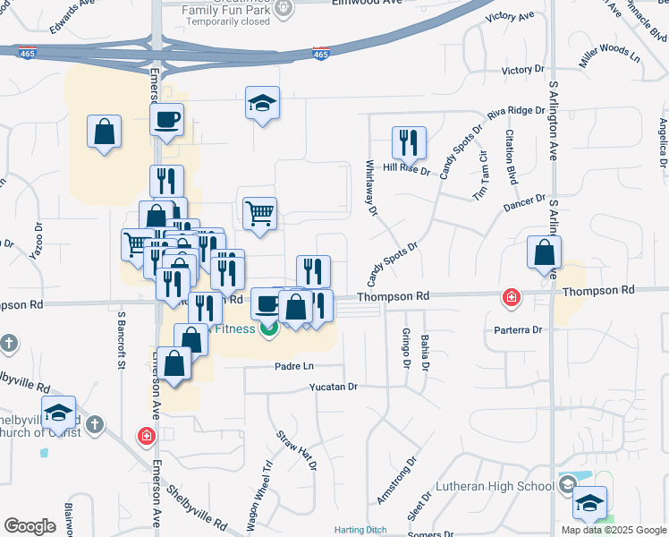 map of restaurants, bars, coffee shops, grocery stores, and more near 5428 Thompson Road in Indianapolis