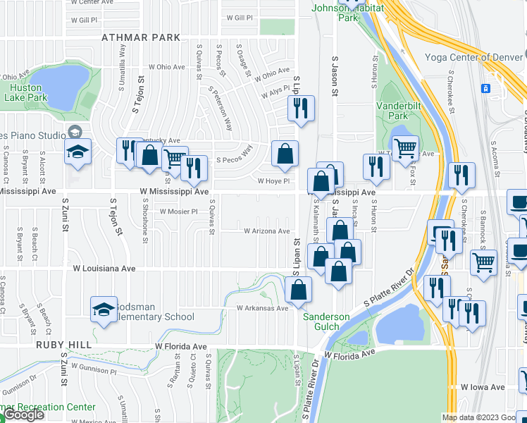 map of restaurants, bars, coffee shops, grocery stores, and more near 1100 South Navajo Street in Denver