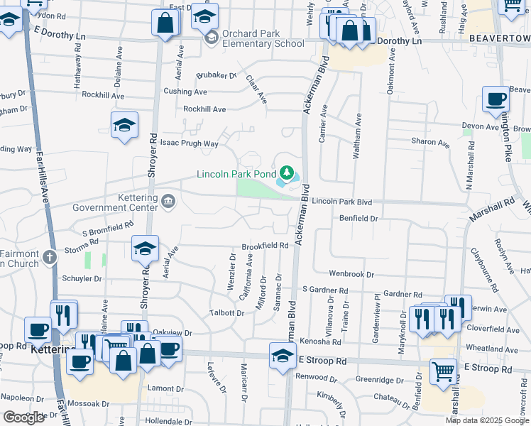 map of restaurants, bars, coffee shops, grocery stores, and more near 760 Wittelsbach Drive in Kettering