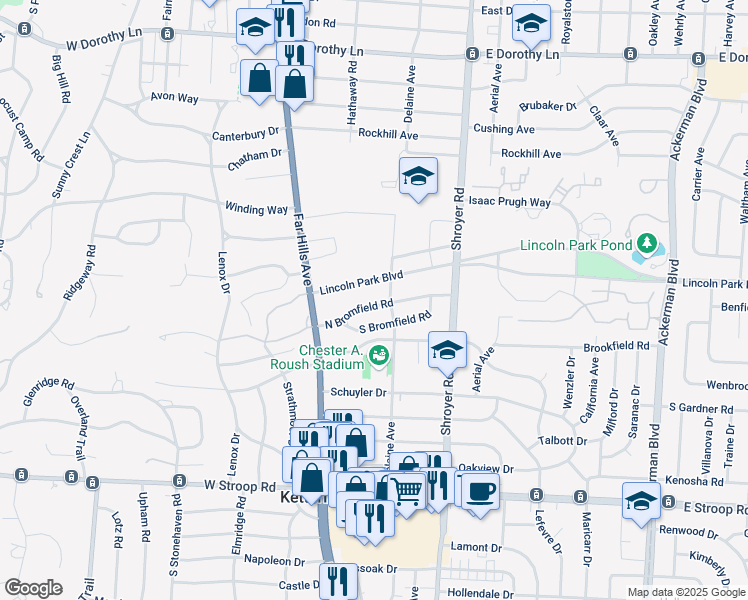 map of restaurants, bars, coffee shops, grocery stores, and more near 219 North Bromfield Road in Kettering