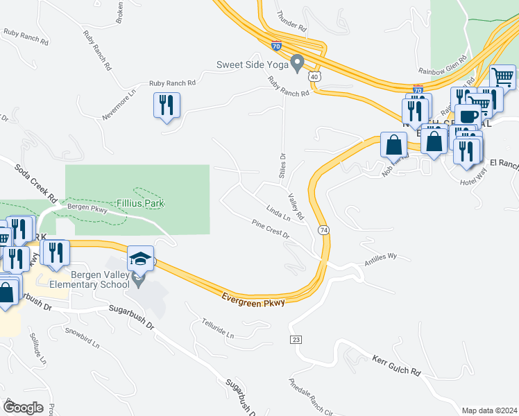 map of restaurants, bars, coffee shops, grocery stores, and more near 1025 Linda Lane in Evergreen