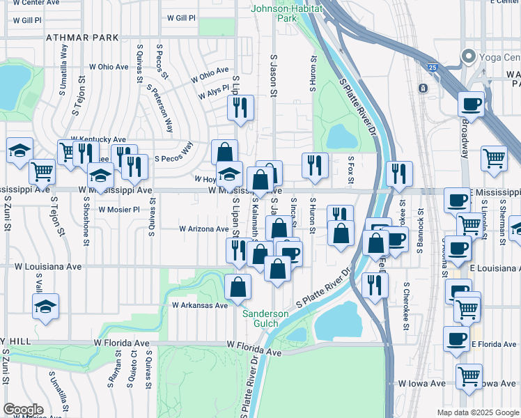 map of restaurants, bars, coffee shops, grocery stores, and more near 1124 South Kalamath Street in Denver