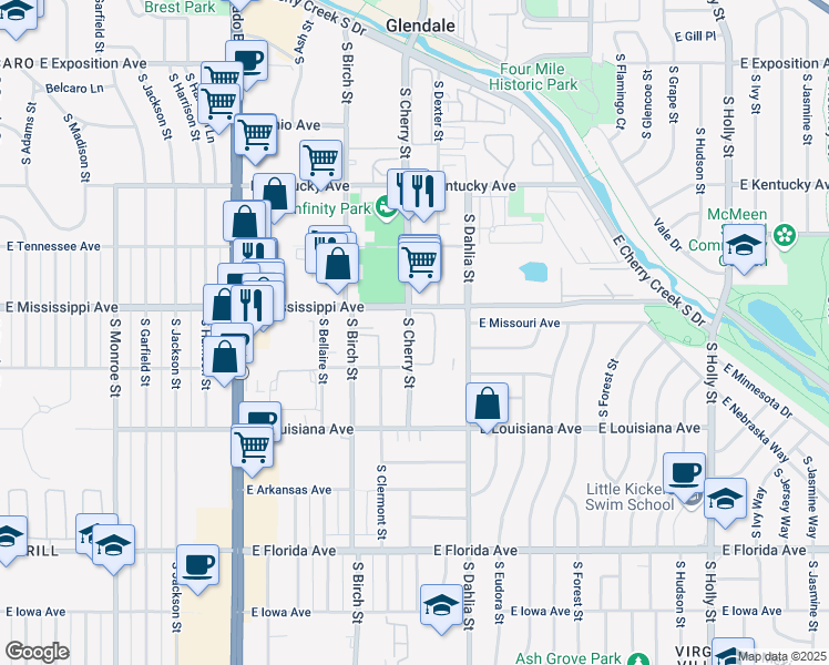 map of restaurants, bars, coffee shops, grocery stores, and more near 1150 South Cherry Street in Denver