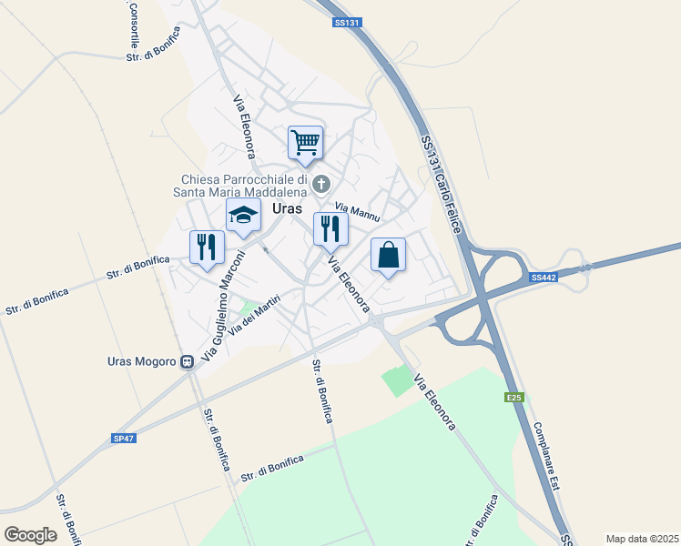 map of restaurants, bars, coffee shops, grocery stores, and more near 6 Via del Quadrifoglio in Uras