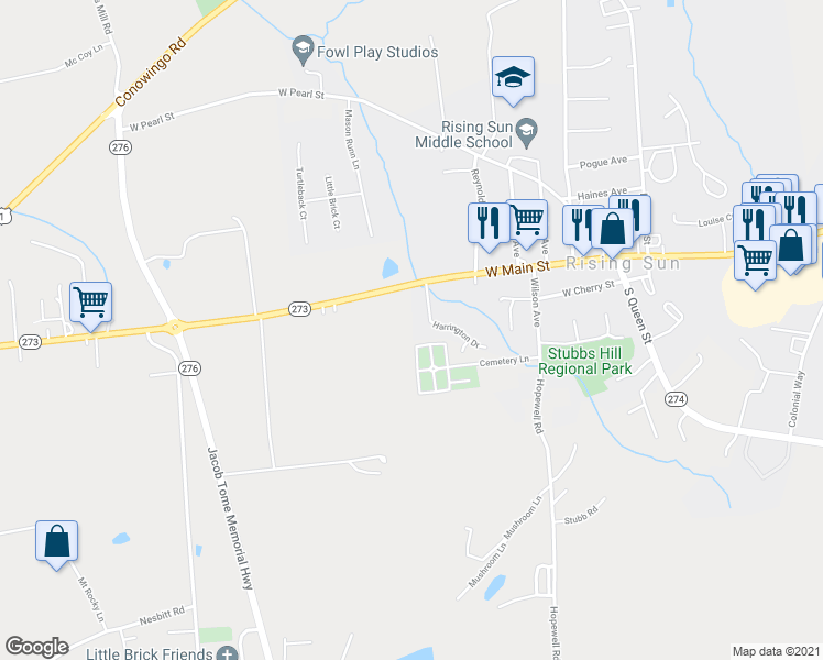 map of restaurants, bars, coffee shops, grocery stores, and more near 110 Harrington Drive in Rising Sun