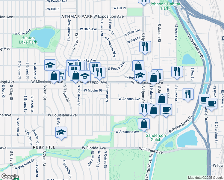 map of restaurants, bars, coffee shops, grocery stores, and more near 1144 South Pecos Street in Denver