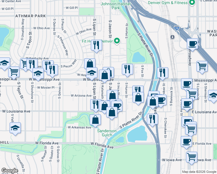 map of restaurants, bars, coffee shops, grocery stores, and more near 1124 South Kalamath Street in Denver