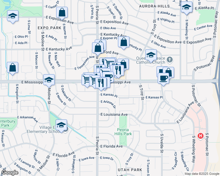 map of restaurants, bars, coffee shops, grocery stores, and more near 12200 E Mississippi Ave in Aurora