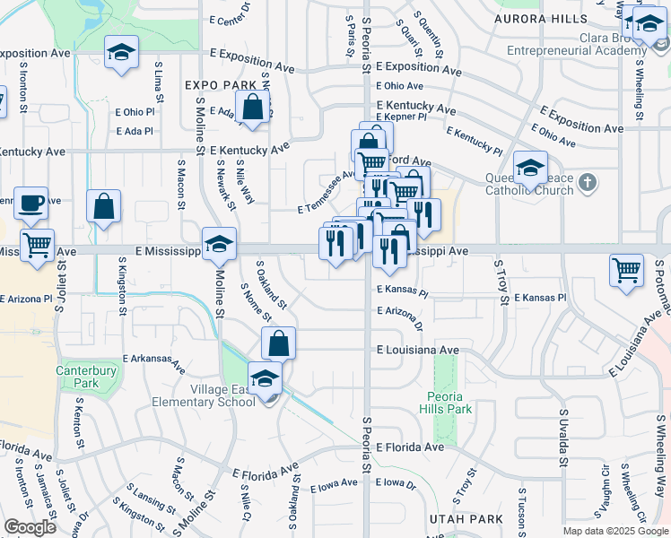 map of restaurants, bars, coffee shops, grocery stores, and more near 12028 East Mississippi Avenue in Aurora