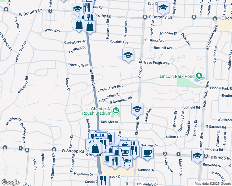 map of restaurants, bars, coffee shops, grocery stores, and more near 219 North Bromfield Road in Kettering