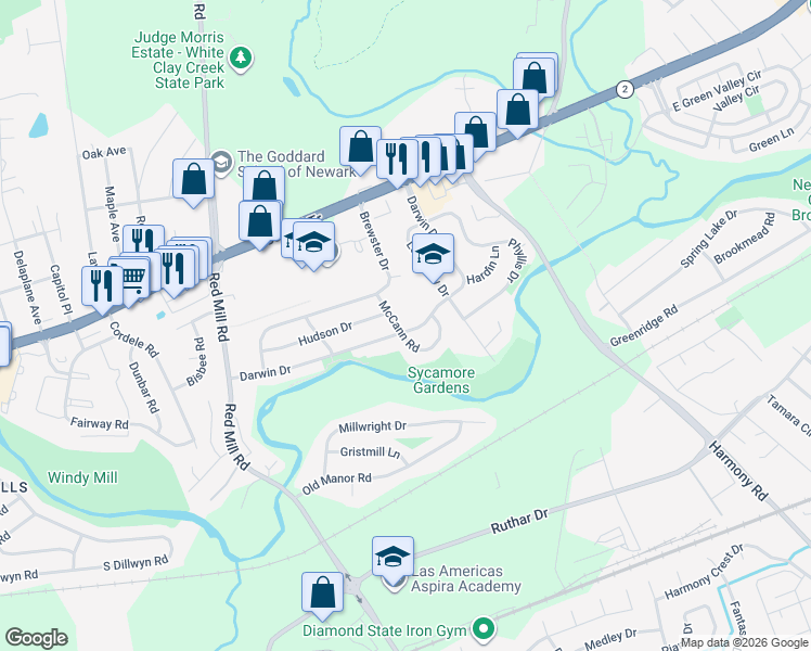 map of restaurants, bars, coffee shops, grocery stores, and more near 214 Darwin Drive in Newark