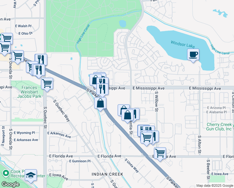 map of restaurants, bars, coffee shops, grocery stores, and more near 1300 South Parker Road in Denver