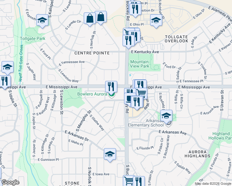 map of restaurants, bars, coffee shops, grocery stores, and more near 16730-16800 East Mississippi Avenue in Aurora