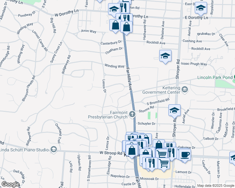 map of restaurants, bars, coffee shops, grocery stores, and more near 200 Pelham Drive South in Dayton
