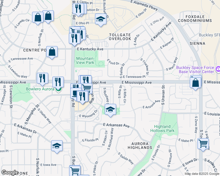 map of restaurants, bars, coffee shops, grocery stores, and more near 17346 East Kansas Place in Aurora