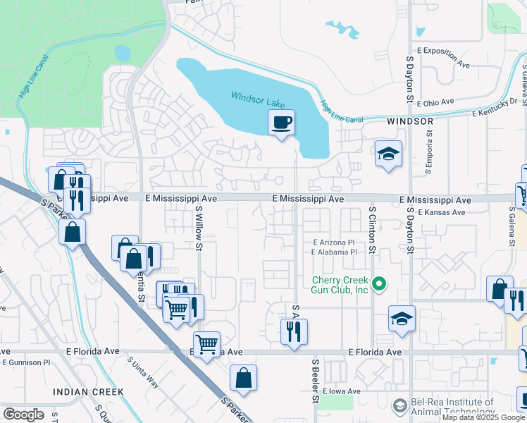 map of restaurants, bars, coffee shops, grocery stores, and more near 1152 South Yosemite Way in Denver