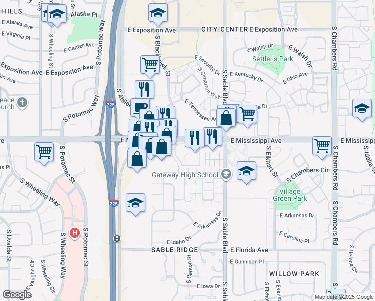 map of restaurants, bars, coffee shops, grocery stores, and more near 1 East Mississippi Place in Aurora