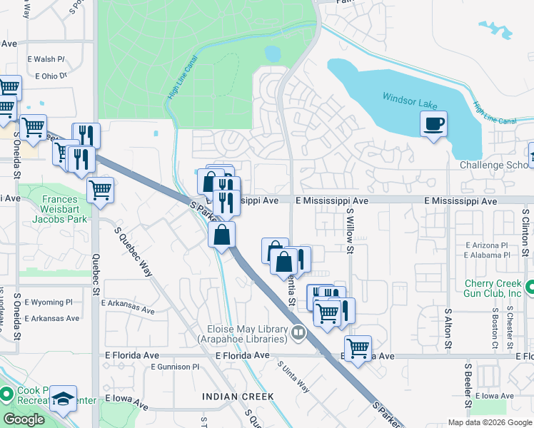 map of restaurants, bars, coffee shops, grocery stores, and more near in Denver