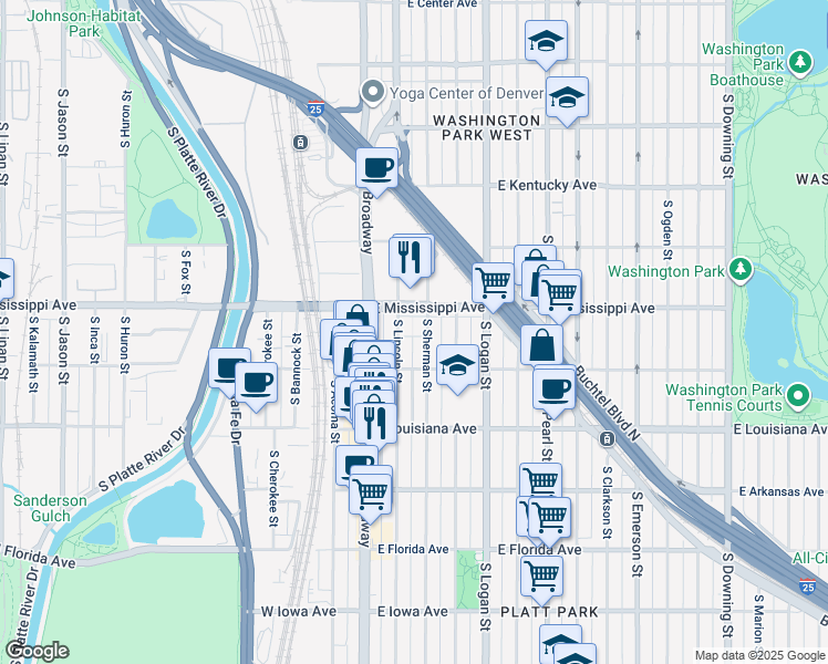 map of restaurants, bars, coffee shops, grocery stores, and more near 1124 South Sherman Street in Denver