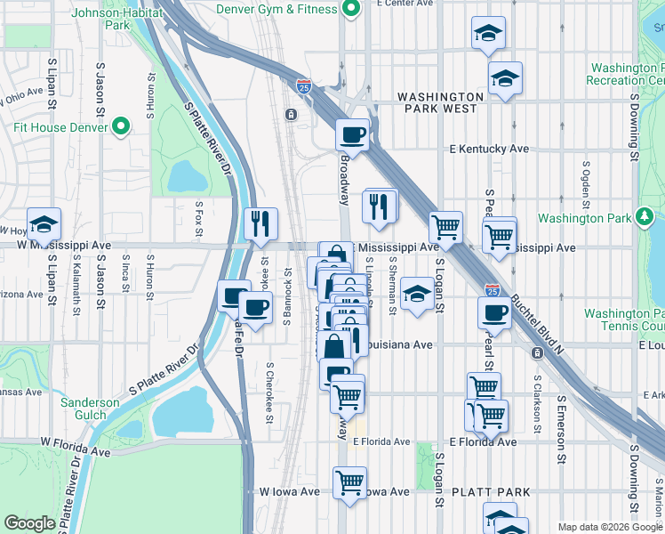map of restaurants, bars, coffee shops, grocery stores, and more near 1145 South Broadway in Denver
