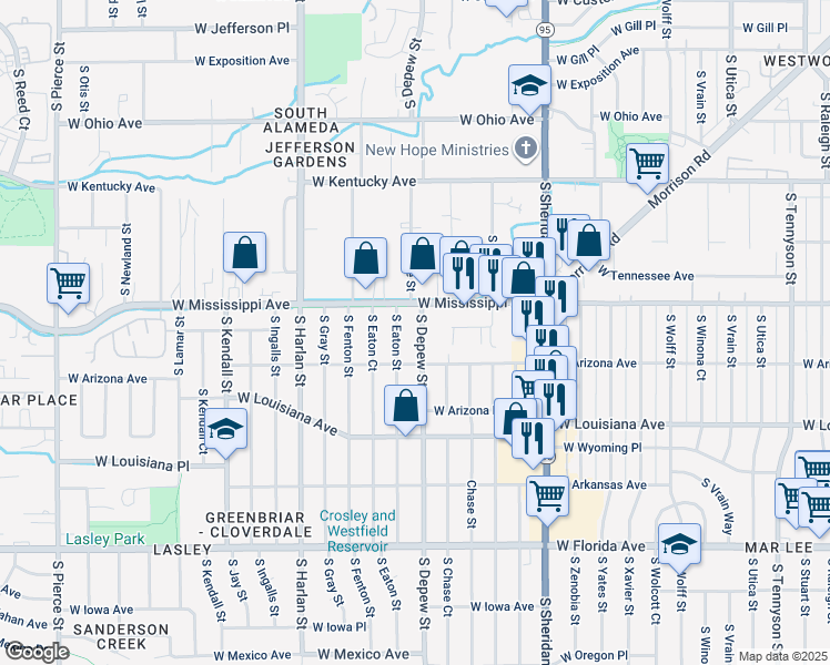 map of restaurants, bars, coffee shops, grocery stores, and more near 1145 South Depew Street in Lakewood