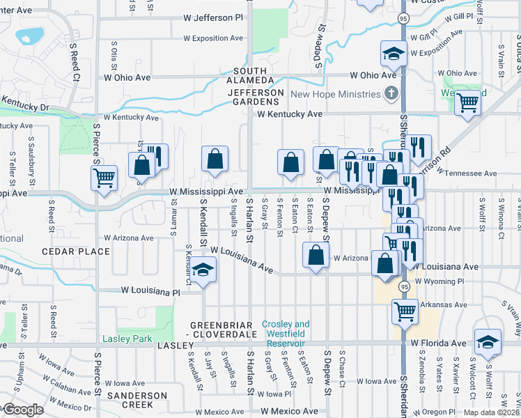 map of restaurants, bars, coffee shops, grocery stores, and more near 1130 South Gray Street in Lakewood