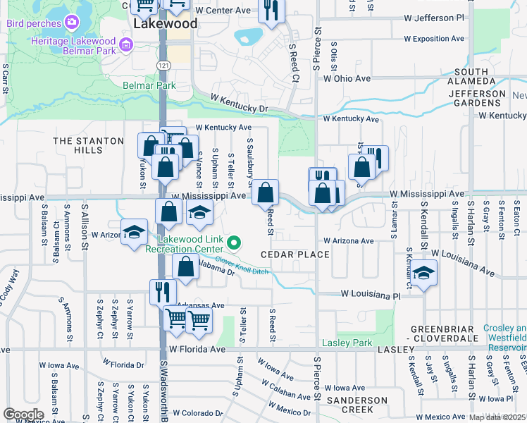 map of restaurants, bars, coffee shops, grocery stores, and more near 1120 South Reed Street in Lakewood