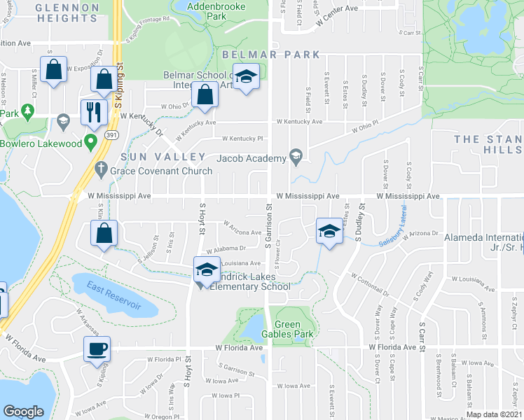map of restaurants, bars, coffee shops, grocery stores, and more near in Lakewood
