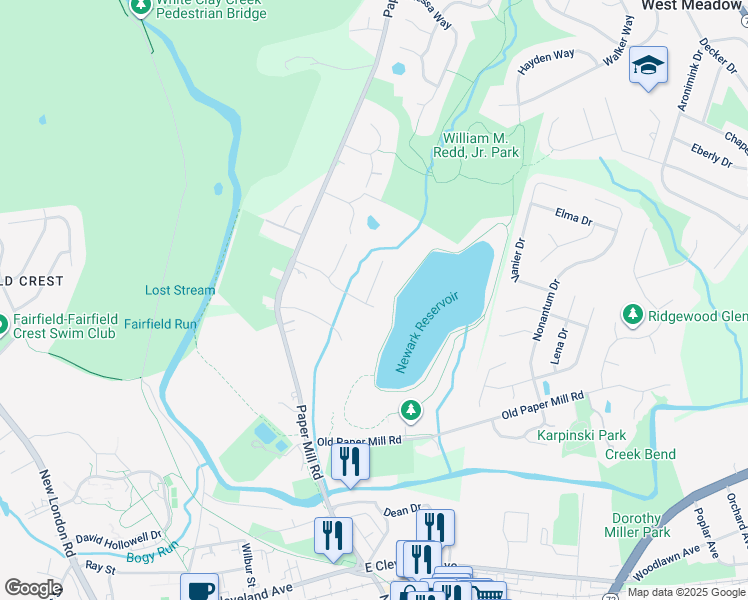 map of restaurants, bars, coffee shops, grocery stores, and more near 124 Register Drive in Newark