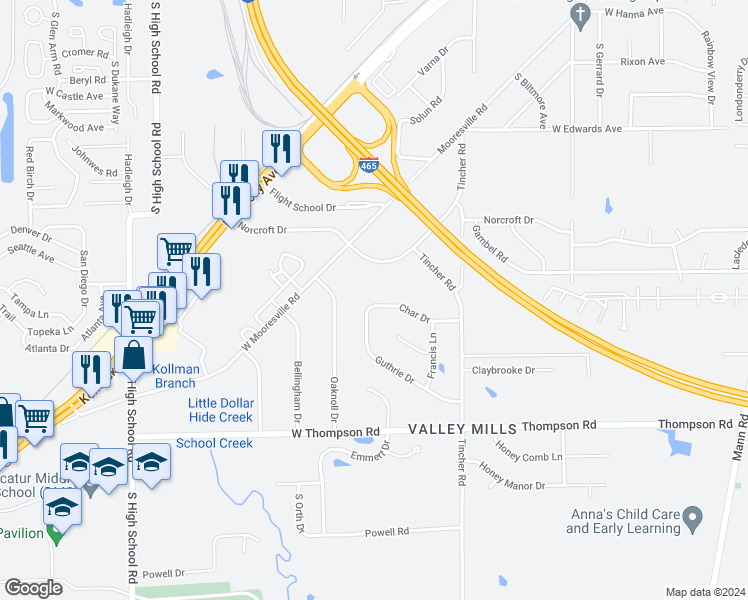 map of restaurants, bars, coffee shops, grocery stores, and more near 5548 Char Drive in Indianapolis