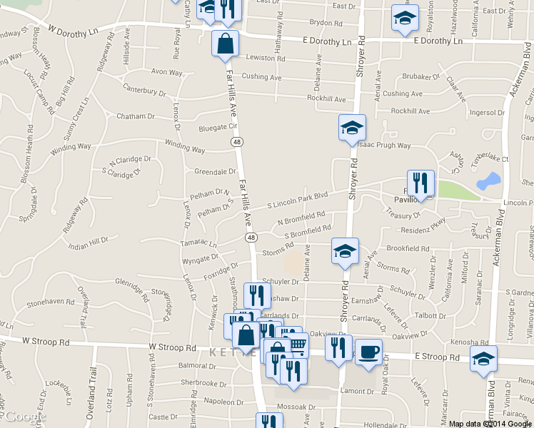 map of restaurants, bars, coffee shops, grocery stores, and more near 128 Lincoln Park Blvd in Dayton