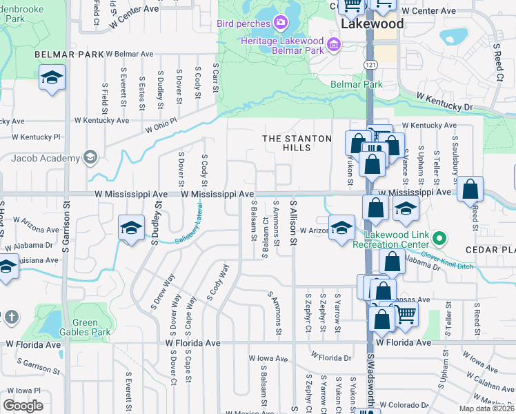 map of restaurants, bars, coffee shops, grocery stores, and more near 1130 South Balsam Street in Lakewood