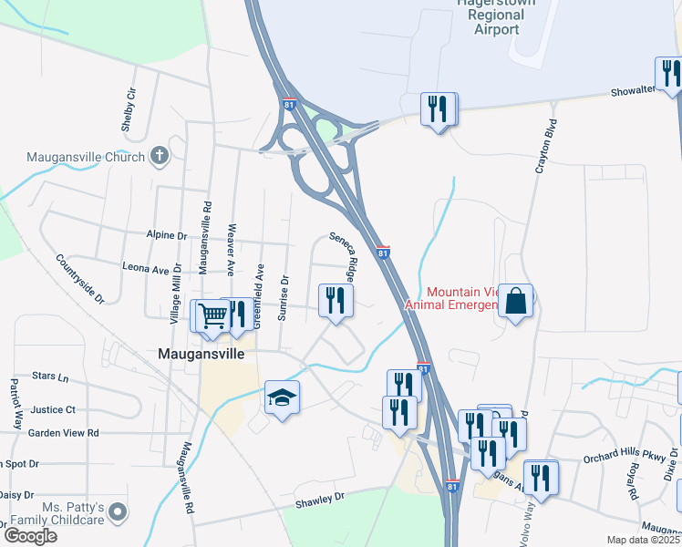 map of restaurants, bars, coffee shops, grocery stores, and more near 18123 Boxford Lane in Hagerstown