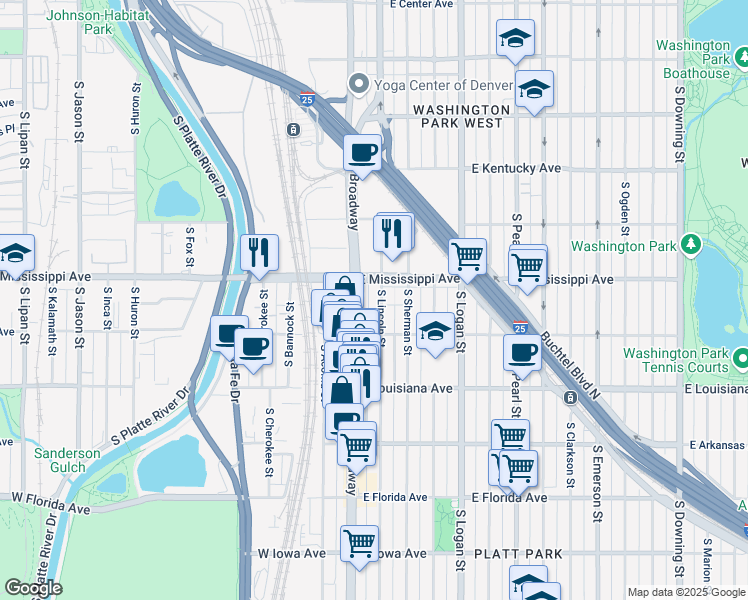 map of restaurants, bars, coffee shops, grocery stores, and more near 1125 South Lincoln Street in Denver